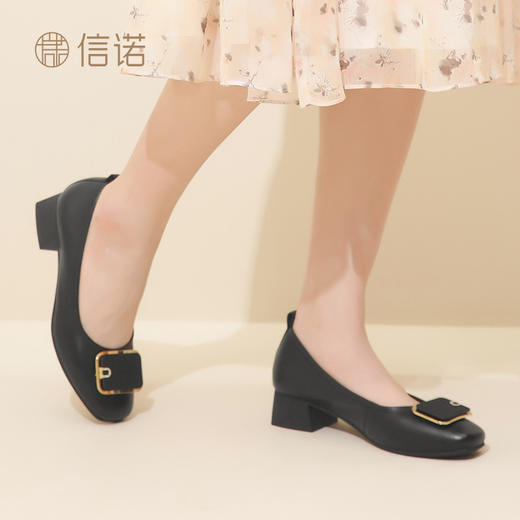 信诺真皮舒适高跟鞋女配裙子2023新款秋季中跟软皮不累脚妈妈皮鞋23Q1931-29 商品图5