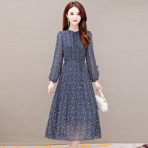 时尚气质长款高腰A字裙，蓝色碎花连衣裙QYM-KED-19808 -Y 商品图4