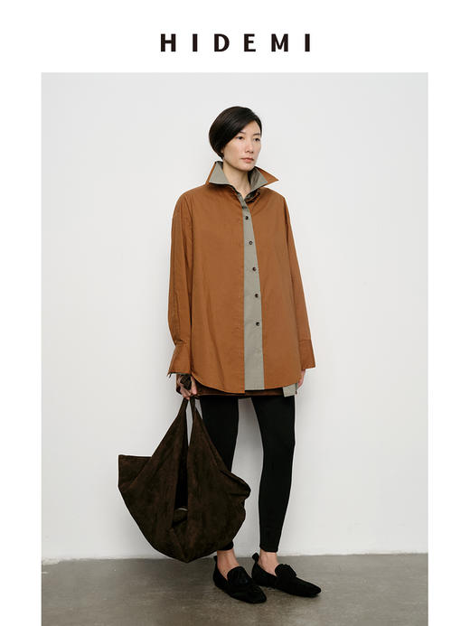 HIDEMI 经典极简廓形款水洗棉衬衫 砖红色/黑色/海鸥灰绿/浅豆绿 商品图1