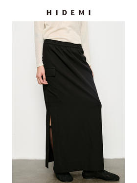 HIDEMI 极简抽绳设计感口袋H型开衩斜纹缎面半身裙