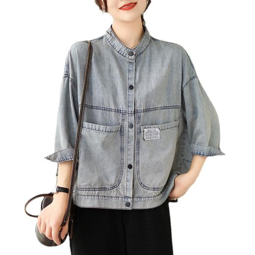 SMZ9096 2023秋新款牛仔短外套女韩版水洗做旧工装风贴标复古小立领夹克潮 商品图4