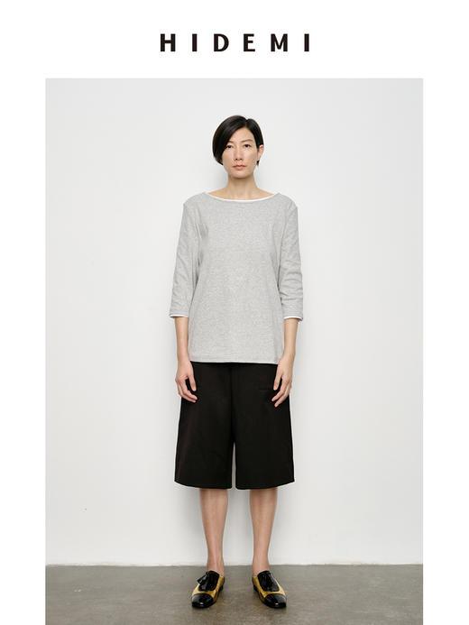 HIDEMI 经典简约一字领弧形领七分袖水洗棉T恤上衣 黑色/灰色/白色 商品图4