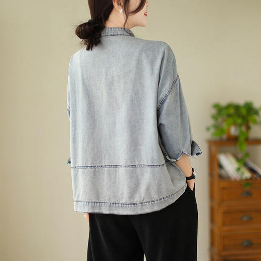 SMZ9096 2023秋新款牛仔短外套女韩版水洗做旧工装风贴标复古小立领夹克潮 商品图3