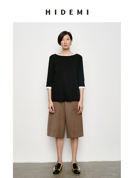 HIDEMI 经典简约一字领弧形领七分袖水洗棉T恤上衣 黑色/灰色/白色 商品图7