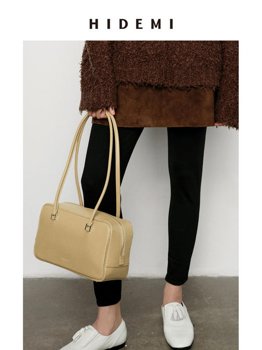 HIDEMI 牛皮波士顿两用包 可手提可腋下肩背/奶茶色 商品图3