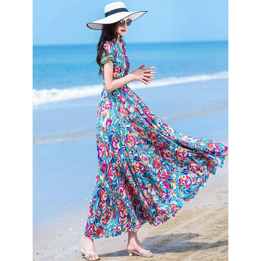 DD-印花雪纺连衣裙女2023新款夏季气质修身显瘦短袖到脚踝大摆长裙子 商品图1