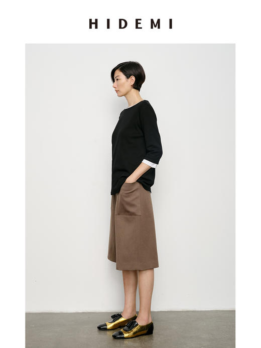 HIDEMI 经典简约一字领弧形领七分袖水洗棉T恤上衣 黑色/灰色/白色 商品图8