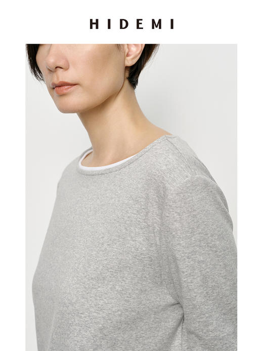 HIDEMI 经典简约一字领弧形领七分袖水洗棉T恤上衣 黑色/灰色/白色 商品图6