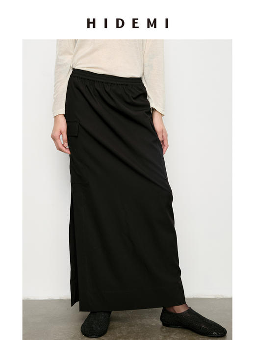 HIDEMI 极简抽绳设计感口袋H型开衩斜纹缎面半身裙 商品图4