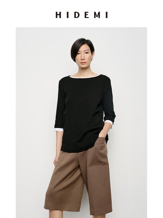 HIDEMI 经典简约一字领弧形领七分袖水洗棉T恤上衣 黑色/灰色/白色 商品图10