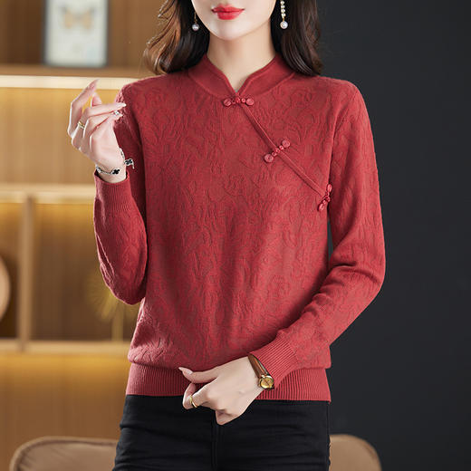 立领长袖上衣秋装女，新款针织衫旗袍扣妈妈蕾丝毛衣打底衫洋气CC-9506 商品图2