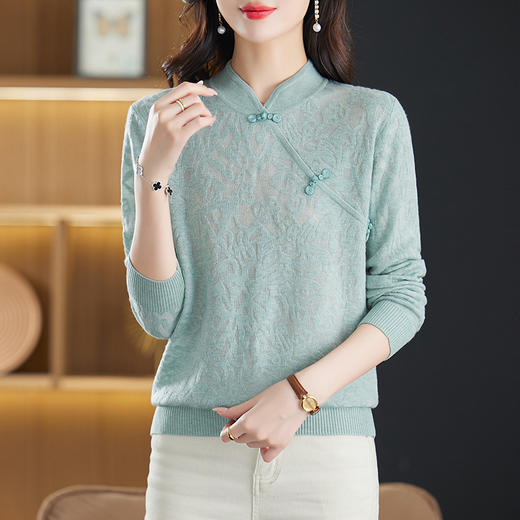 立领长袖上衣秋装女，新款针织衫旗袍扣妈妈蕾丝毛衣打底衫洋气CC-9506 商品图3