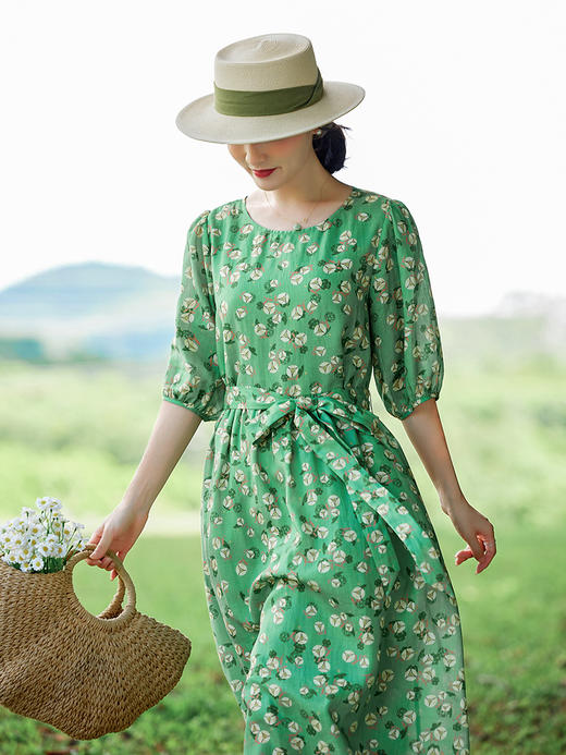 HM-S398夏季新款复古印花苎麻连衣裙圆领灯笼五分袖文艺减龄显瘦长裙 商品图1