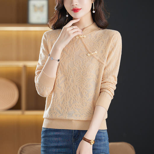 立领长袖上衣秋装女，新款针织衫旗袍扣妈妈蕾丝毛衣打底衫洋气CC-9506 商品图7