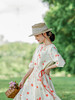 HM-S407夏季文艺苎麻印花连衣裙圆领系带中国风花朵盘扣中袖大摆长裙 商品缩略图2