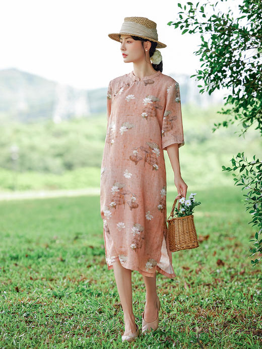 HM-S402-1中国风复古印花改良旗袍裙夏新款荷花中袖立领苎麻连衣裙开叉 商品图1