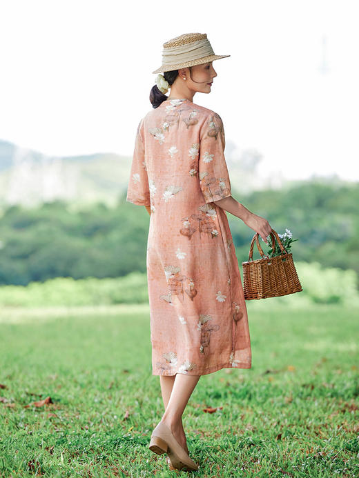 HM-S402-1中国风复古印花改良旗袍裙夏新款荷花中袖立领苎麻连衣裙开叉 商品图2