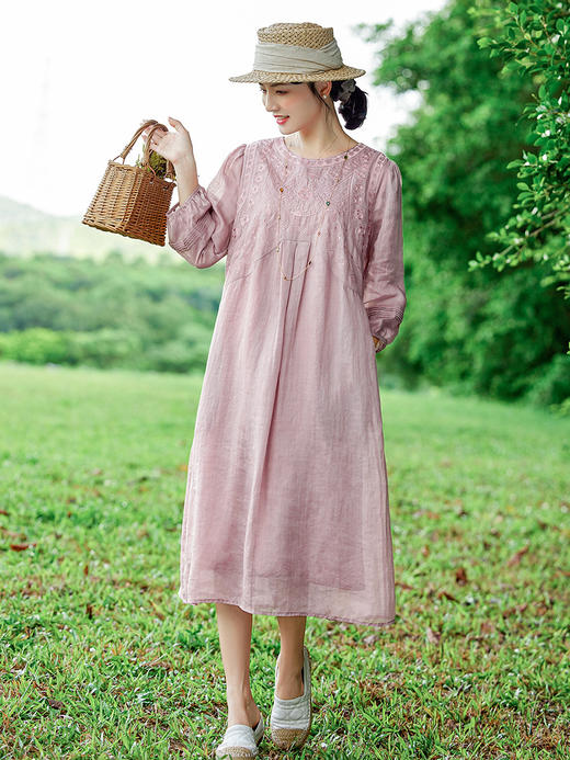 HM-S383夏季新款重工刺绣苎麻连衣裙国风文艺灯笼七分袖宽松显瘦袍子 商品图0