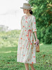 HM-S407夏季文艺苎麻印花连衣裙圆领系带中国风花朵盘扣中袖大摆长裙 商品缩略图0