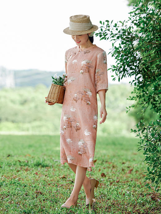 HM-S402-1中国风复古印花改良旗袍裙夏新款荷花中袖立领苎麻连衣裙开叉 商品图0