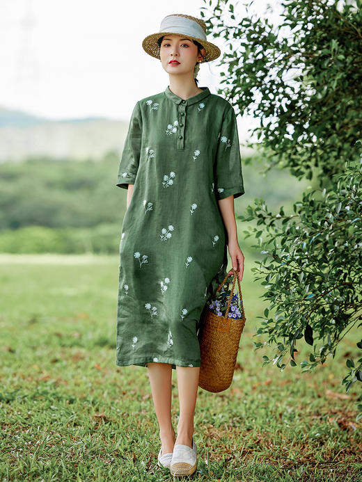 HM-S409花朵刺绣纯苎麻连衣裙文艺风复古翻领中长款改良式旗袍裙夏季新款 商品图0