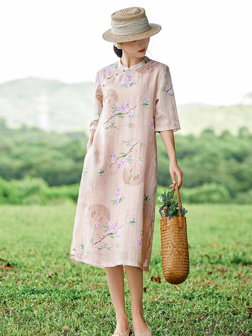 HM-S402新款苎麻印花改良旗袍裙国风文艺立领中袖复古连衣裙夏末初秋 商品图0