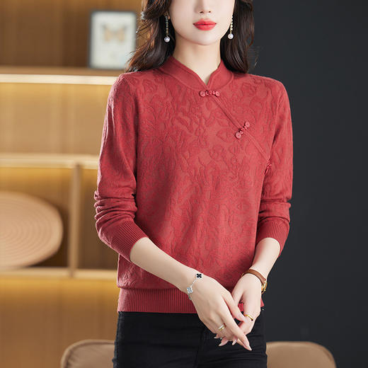 立领长袖上衣秋装女，新款针织衫旗袍扣妈妈蕾丝毛衣打底衫洋气CC-9506 商品图6