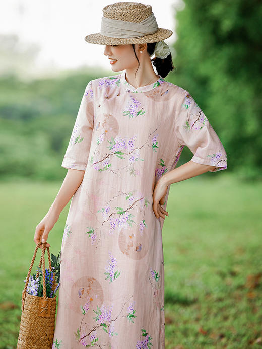 HM-S402新款苎麻印花改良旗袍裙国风文艺立领中袖复古连衣裙夏末初秋 商品图2