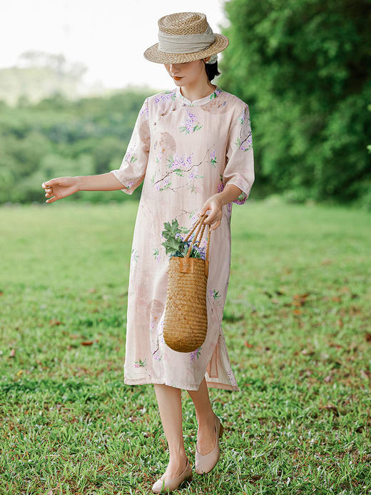 HM-S402新款苎麻印花改良旗袍裙国风文艺立领中袖复古连衣裙夏末初秋 商品图1