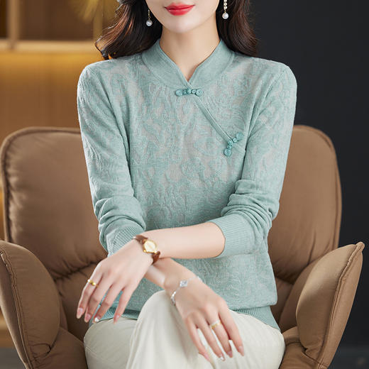立领长袖上衣秋装女，新款针织衫旗袍扣妈妈蕾丝毛衣打底衫洋气CC-9506 商品图0
