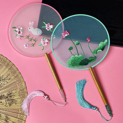 中国古风文艺透明刺绣团扇古典汉服旗袍舞蹈扇八瓣圆形绣花团扇 商品图2