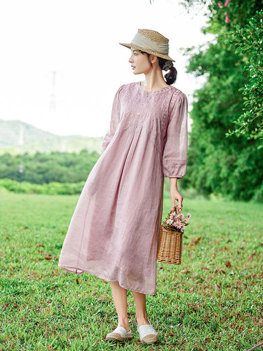 HM-S383夏季新款重工刺绣苎麻连衣裙国风文艺灯笼七分袖宽松显瘦袍子 商品图3