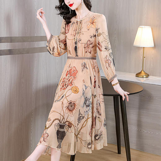 法式气质，印花茶歇裙女秋季新款时尚优雅温柔风甜美圆领长裙AHM-yhfs7611 商品图1