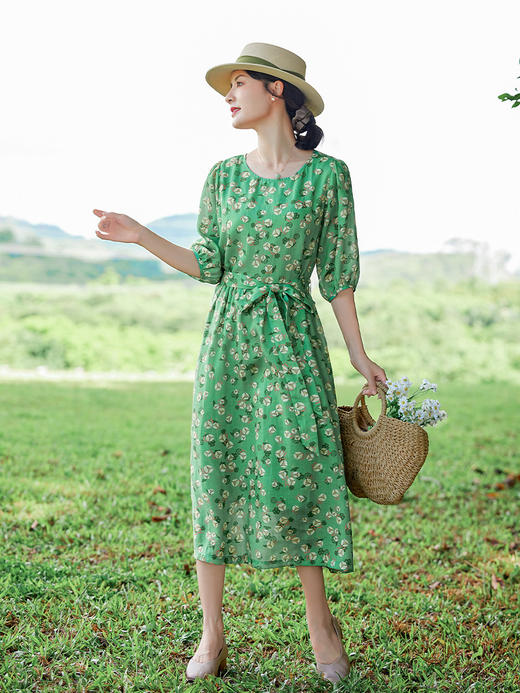 HM-S398夏季新款复古印花苎麻连衣裙圆领灯笼五分袖文艺减龄显瘦长裙 商品图2