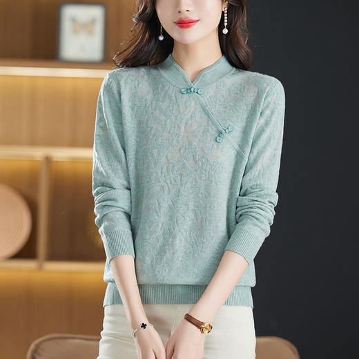 立领长袖上衣秋装女，新款针织衫旗袍扣妈妈蕾丝毛衣打底衫洋气CC-9506 商品图5