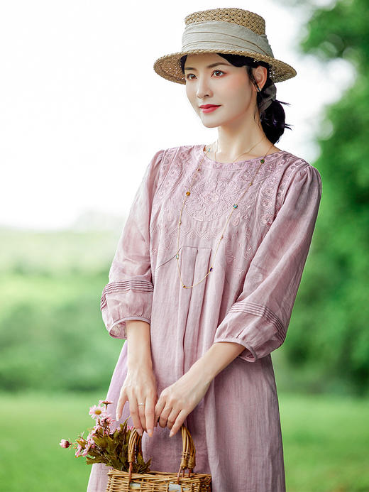 HM-S383夏季新款重工刺绣苎麻连衣裙国风文艺灯笼七分袖宽松显瘦袍子 商品图1