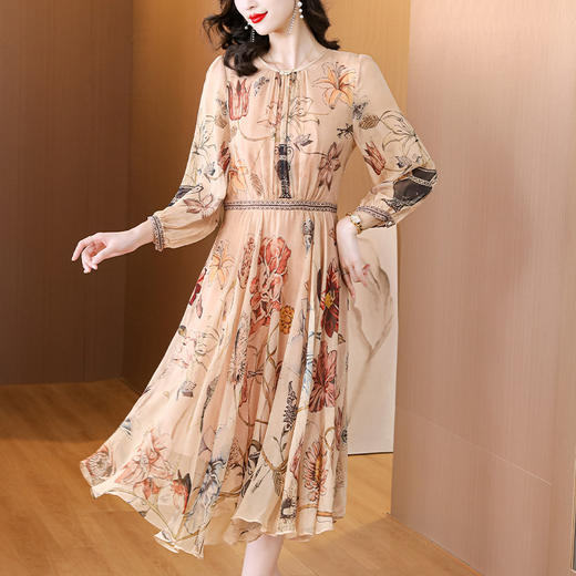 法式气质，印花茶歇裙女秋季新款时尚优雅温柔风甜美圆领长裙AHM-yhfs7611 商品图2