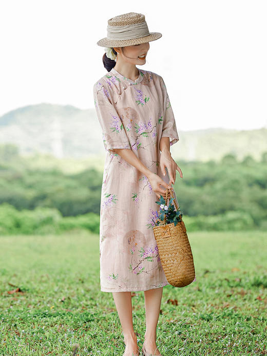HM-S402新款苎麻印花改良旗袍裙国风文艺立领中袖复古连衣裙夏末初秋 商品图3