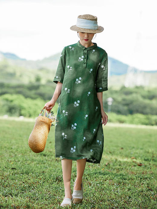 HM-S409花朵刺绣纯苎麻连衣裙文艺风复古翻领中长款改良式旗袍裙夏季新款 商品图2