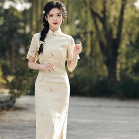 2023春夏新款雪纺亮丝刺绣双层旗袍连衣裙文艺少女年轻款改良旗袍