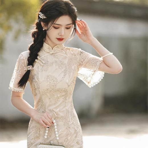 2023春夏款双层网纱刺绣中长款旗袍连衣裙清新文艺少女旗袍年轻款 商品图3