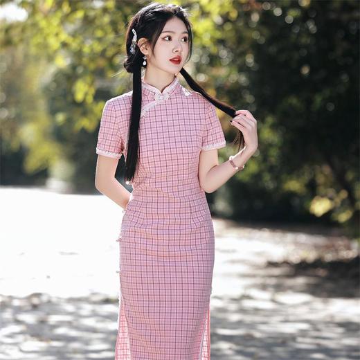 2023春夏新款棉麻格子侧八扣中长款旗袍连衣裙日常复古改良民国风 商品图3