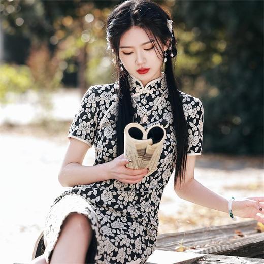 2023春夏新款弹力棉提花中长款改良旗袍连衣裙清新文艺少女年轻款 商品图1