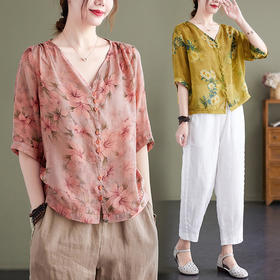 SMZ9167 复古文艺衬衫女2023夏装宽松大码显瘦V领印花中袖衬衣上衣小衫潮