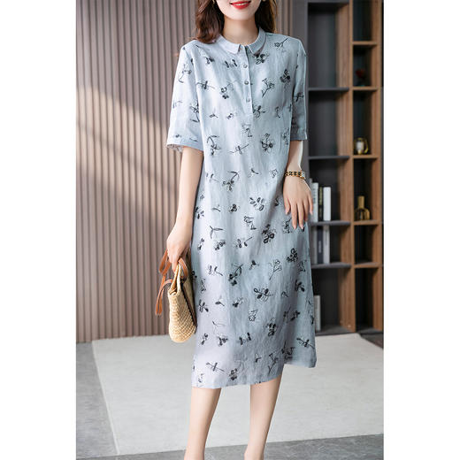 89092原形亚麻连衣裙女衬衫裙2024夏季新款韩版印花文艺气质中长款裙子 商品图1