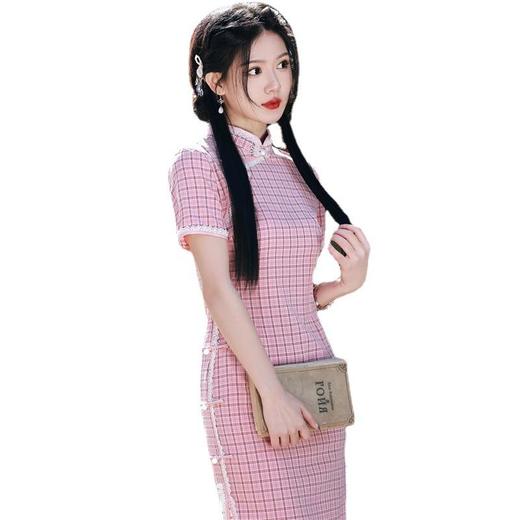 2023春夏新款棉麻格子侧八扣中长款旗袍连衣裙日常复古改良民国风 商品图4