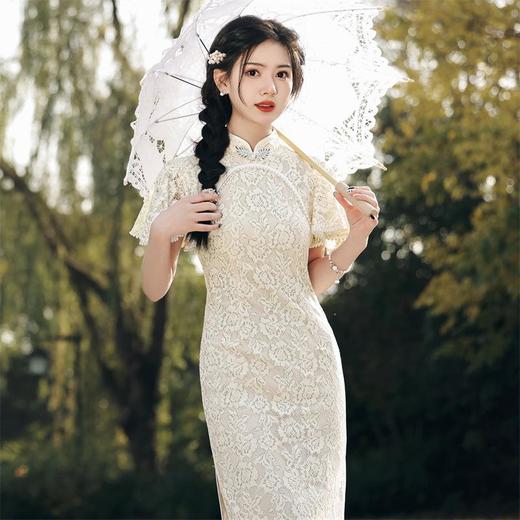 2023春夏新款飞飞袖双层蕾丝中长款圆襟旗袍连衣裙少女改良旗袍 商品图3