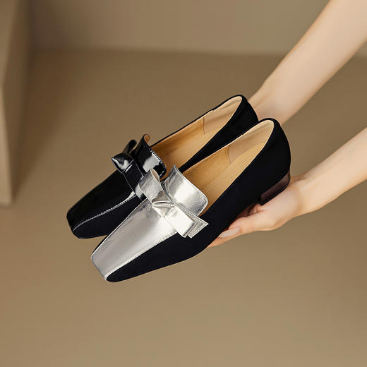法式简约，平头拼色蝴蝶结低跟单鞋XY6778 商品图0