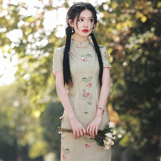 2023春夏新款仿双层苎麻中长款旗袍连衣裙 少女改良旗袍年轻款 商品图1