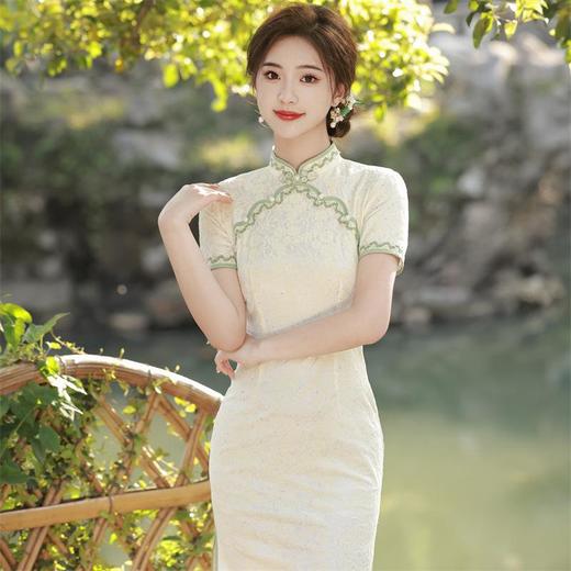 2023夏款圆襟钉珠复合蕾丝旗袍连衣裙少女清新改良古法旗袍年轻款 商品图0